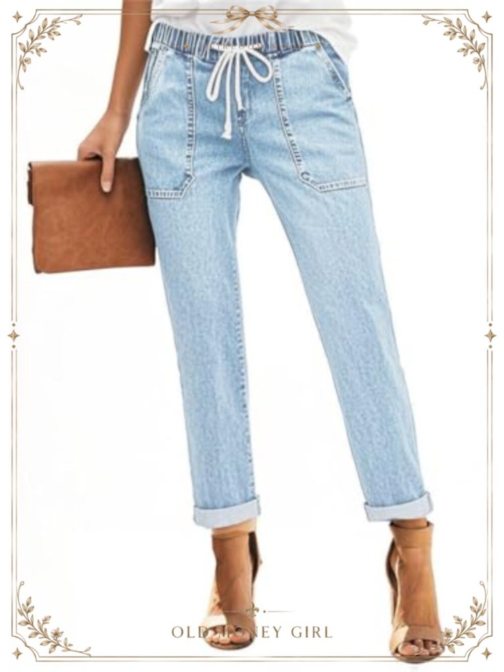 High Waisted Pull-On Stretch Jeans Straight Leg Elastic Waist Drawstring Cotton